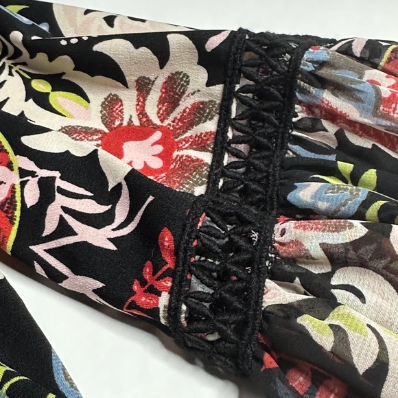 NWT Floral Hippie Strech Midi Longsleeved Dress -black red, lace puffer sleeve L - Picture 6 of 16